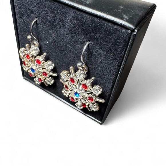 Snowflake Drop Earrings Red White Blue Rhinestone Holiday Dangle Earrings Gift - Picture 4 of 5